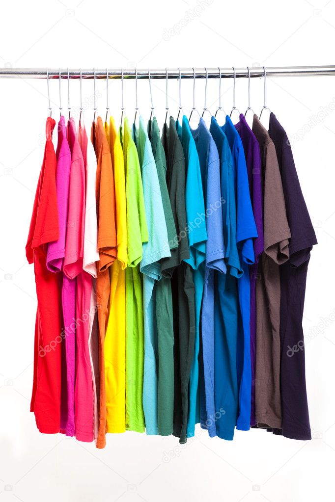 Colorful t-shirt with hangers isolated on white