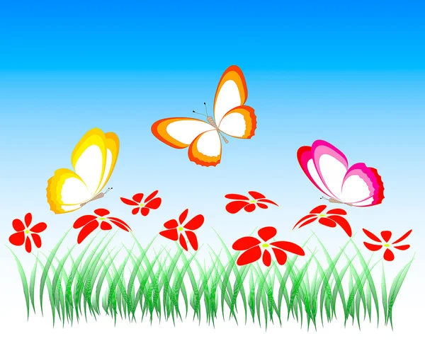 Çiçekler ve kelebekler, illüstrasyon, vektör — Stok Vektör