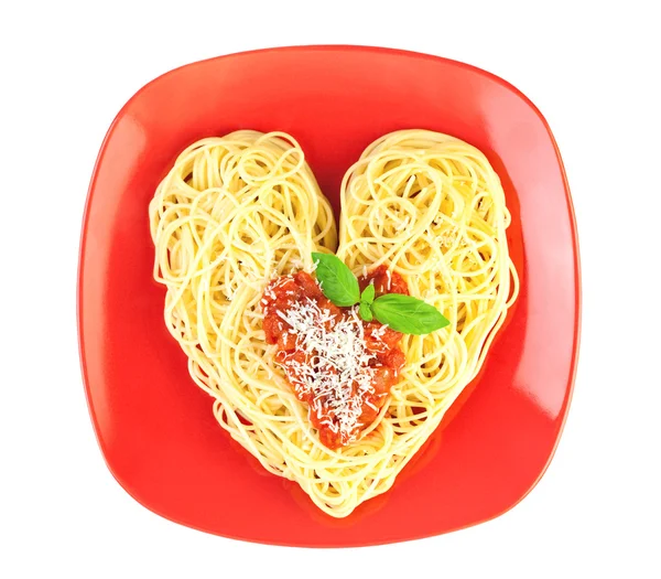 J'aime Pâtes / Spaghettis isolés sur blanc / Forme de coeur — Photo