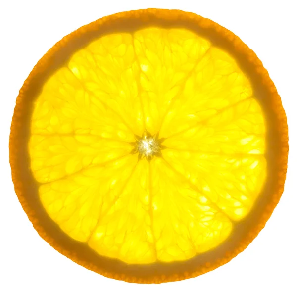 Slice of an orange / isolated on white background / back lit — Stock Photo, Image