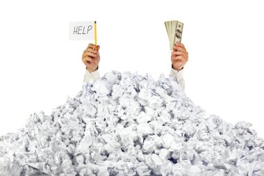 Help me! Person under crumpled pile of papers with a help sign a clipart