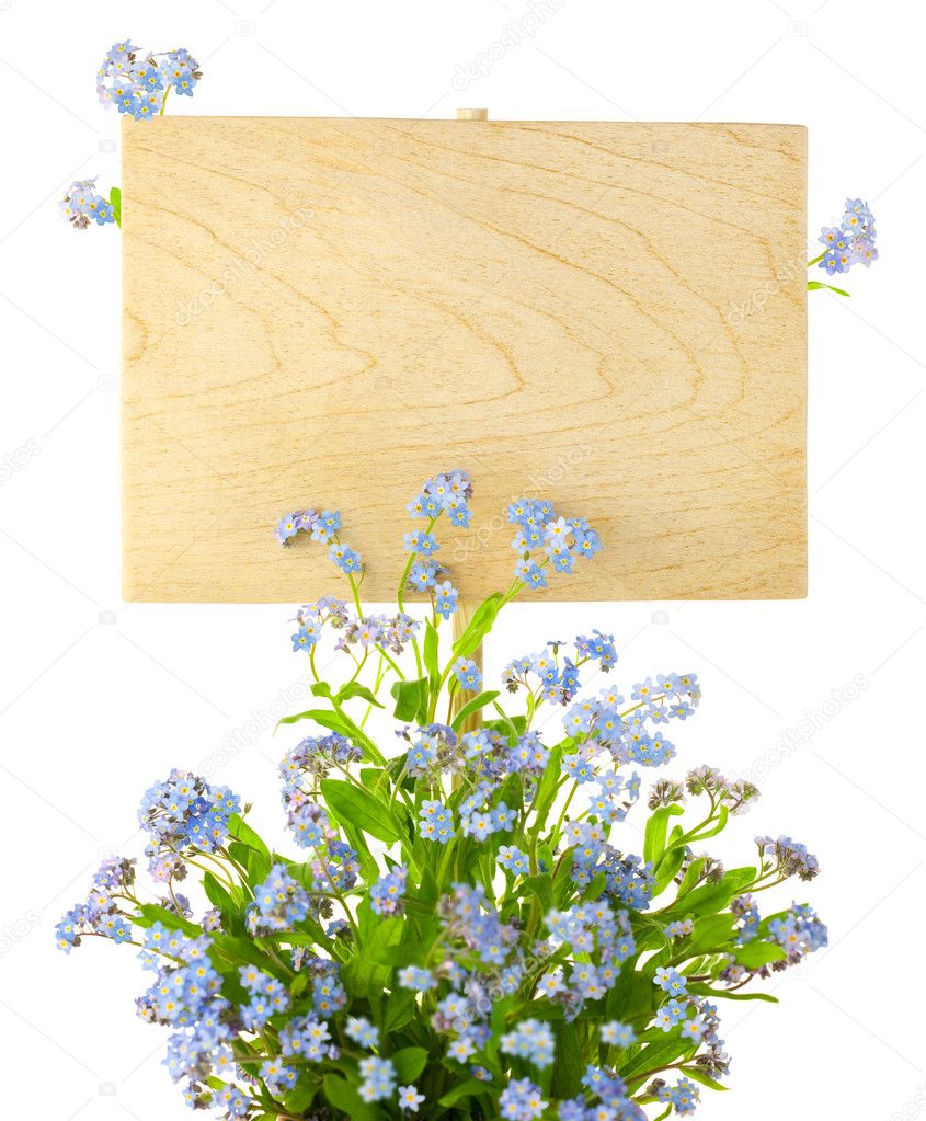 Wood Sign with Flowers / empty board for your text / isolated o