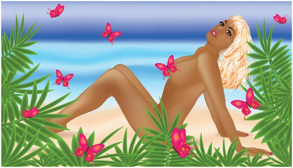 Naakte blond meisje op een strand. vectorillustratie — Stockvector