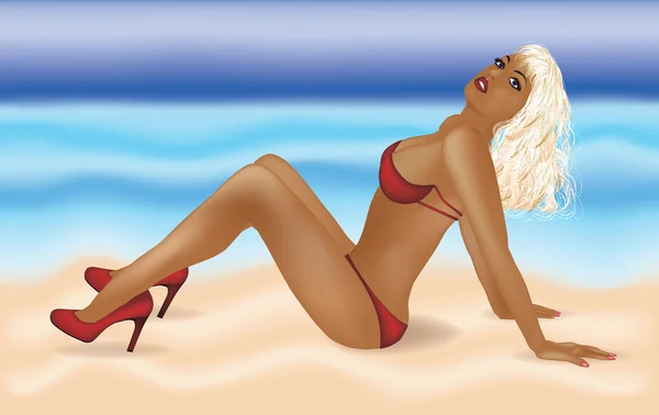 性的金发美女在海滩上。矢量插画 — 图库矢量图片