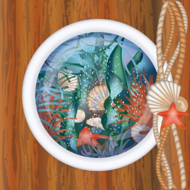 Ship porthole window with underwater scene, vector clipart