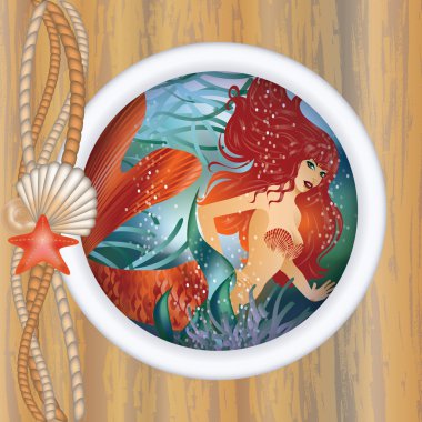 Beautiful mermaid in porthole. vector illustration clipart