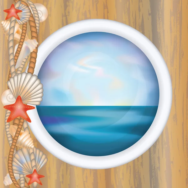 Porthole window with ocean scene, vector illustration — Stock Vector