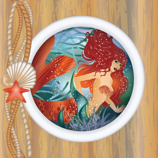 Beautiful mermaid in porthole. vector illustration — Stock Vector