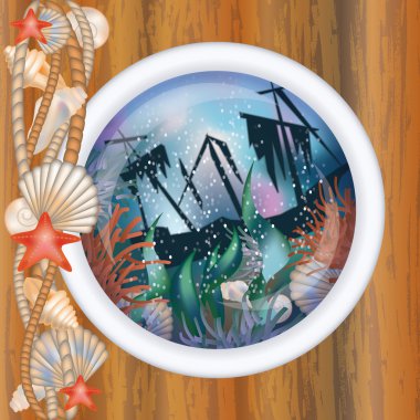 Porthole window with sunk ship, vector illustration clipart