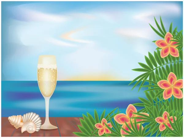 Tarjeta tropical con champán, ilustración vectorial — Vector de stock
