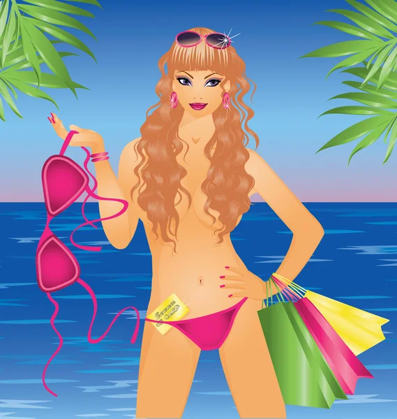 Zomer tropische shopper in bikini, vectorillustratie — Stockvector