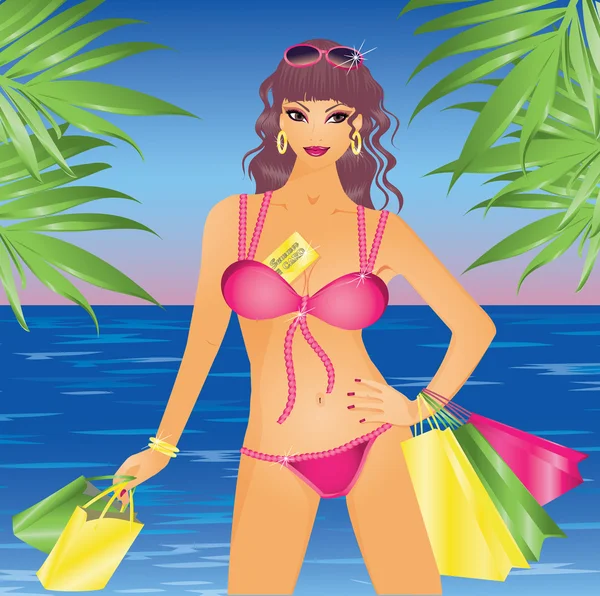 Chica de verano en bikini con bolsas de compras, ilustración vectorial — Vector de stock