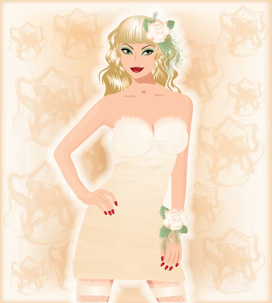 Mooie sensuele bruid met bloem, vectorillustratie — Stockvector