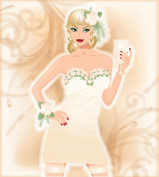 Sexy bruid met champagne, vectorillustratie — Stockvector