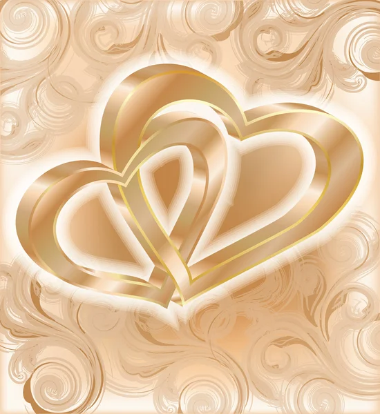 Два золотых сердца, свадебная открытка, векторная иллюстрация — стоковый вектор