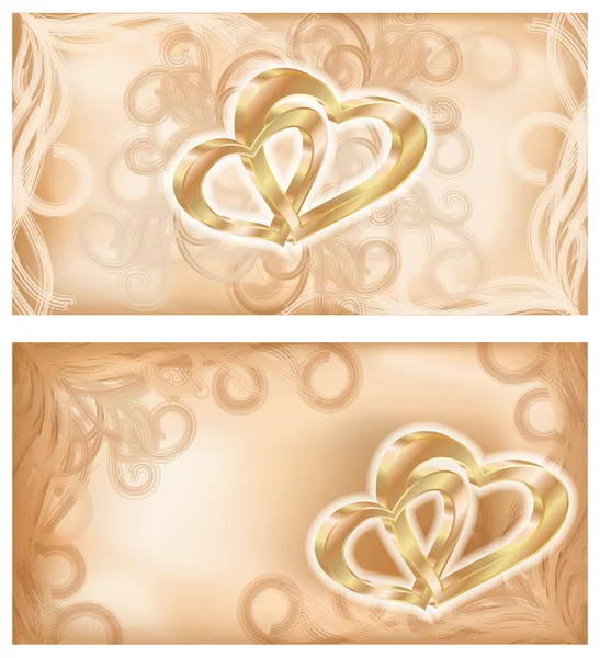 Impostare striscioni di nozze con due cuori d'oro, illustrazione vettoriale — Vettoriale Stock