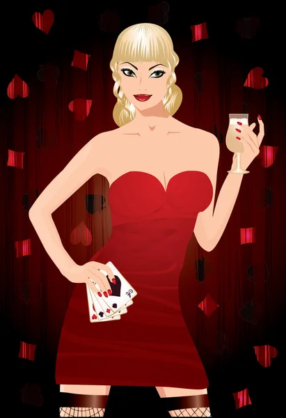 Beautiful girl with poker cards and champagne, vector illustration — Stock Vector