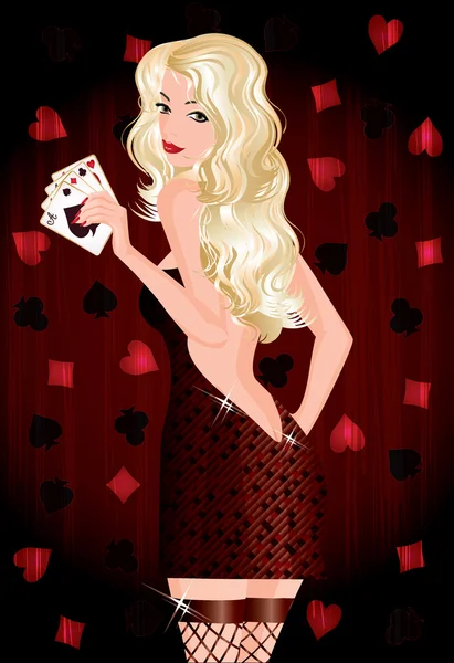 Hübsches blondes Mädchen mit Pokerkarten, Vektor-Illustration — Stockvektor