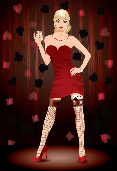 Menina sexy com cartões de poker e champanhe, vetor — Vetor de Stock