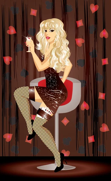 Blond tjej med champagne och poker kort, vektor illustration — Stock vektor