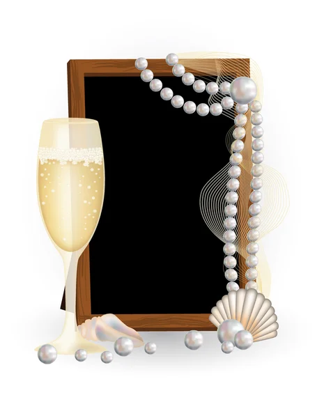 Marco de fotos con champán y perlas, vector — Vector de stock
