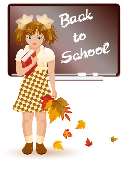 Zurück zur Schule. junges Mädchen mit Herbstblättern — Stockvektor