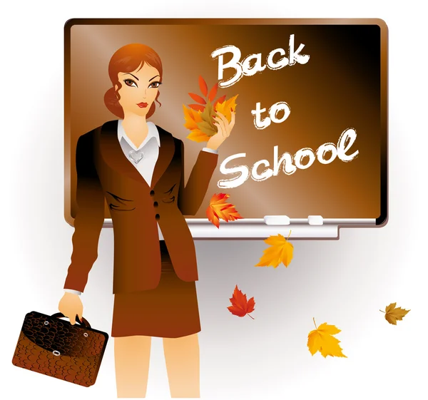 Zpátky do školy. učitel portfolia a javorového listí — Stockový vektor