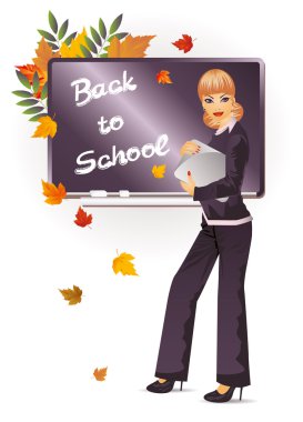 Back to school. The beautiful teacher with notebook clipart