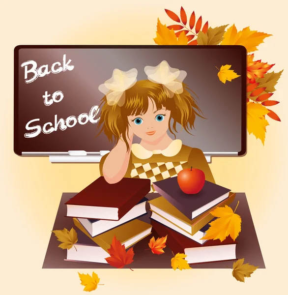 Back to school. Young girl with apple. vector illustration — Stock Vector