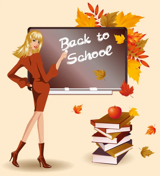 Zpátky do školy. krásná učitelka a knihy. — Stockový vektor