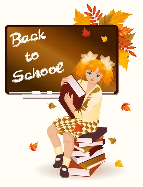 Back to school. Young schoolgirl with books. — Stock Vector