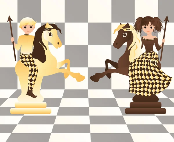 Kleine weiße und schwarze Schachpferde, Vektorillustration — Stockvektor