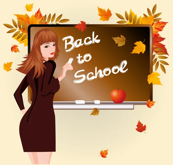 Okula dönüş. güzel öğretmen ve elma — Stok Vektör