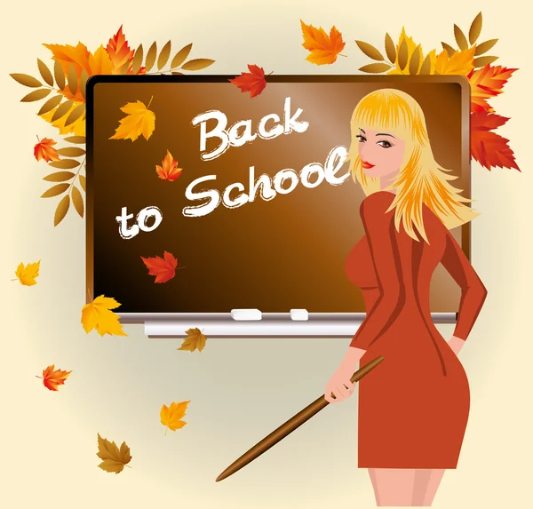 Back to school. Schoolteacher with pick device. — Stock Vector