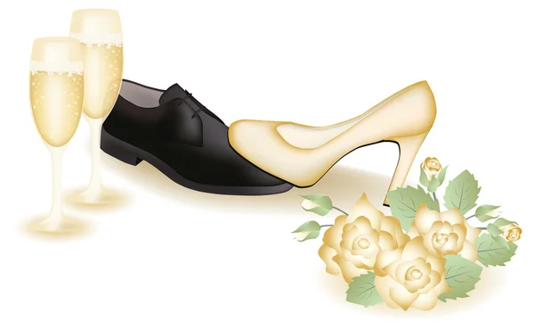 Trouwschoenen en champagne. vectorillustratie — Stockvector