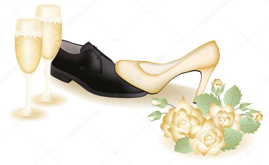 Wedding shoes and champagne. vector illustration