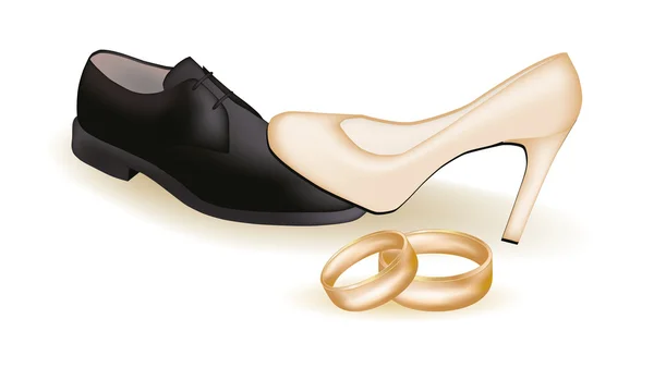 Sapatos de casamento e anéis dourados, ilustração vetorial — Vetor de Stock
