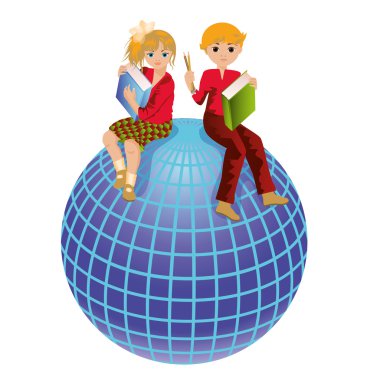 Back to school. Schoolkids and globe. vector illustration clipart