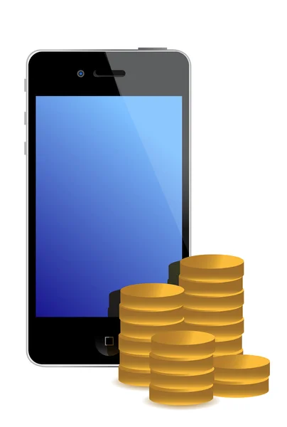 Diseño de ilustración de monedas de oro y teléfono móvil sobre blanco — Foto de Stock