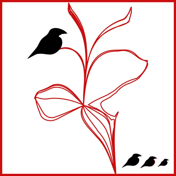 Kırmızı çiçek illüstrasyon vektör siyah kuşlar — Stok Vektör