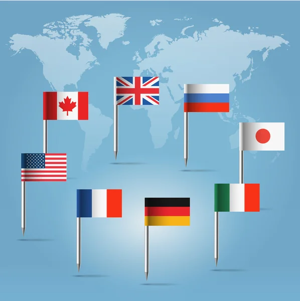 Spille bandiera G8 sulla sagoma della mappa del mondo — Vettoriale Stock