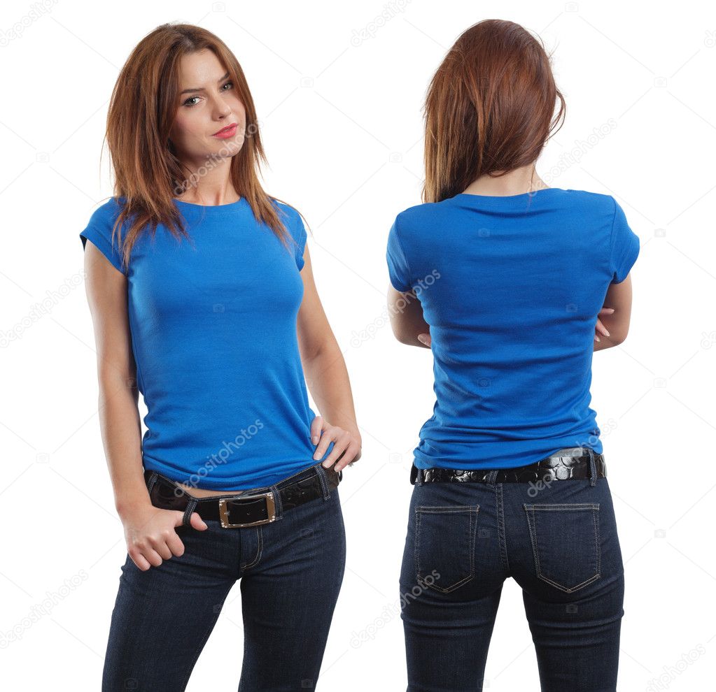 Sexy female wearing blank blue shirt