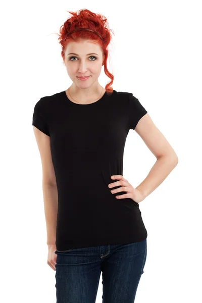 Redhead with blank black shirt — Stock Photo, Image