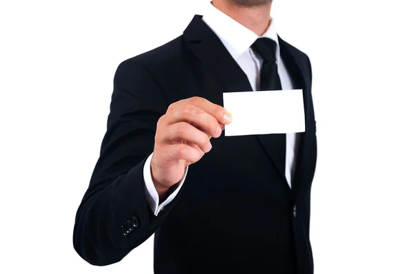Man in suit showing business card — Stock Photo, Image