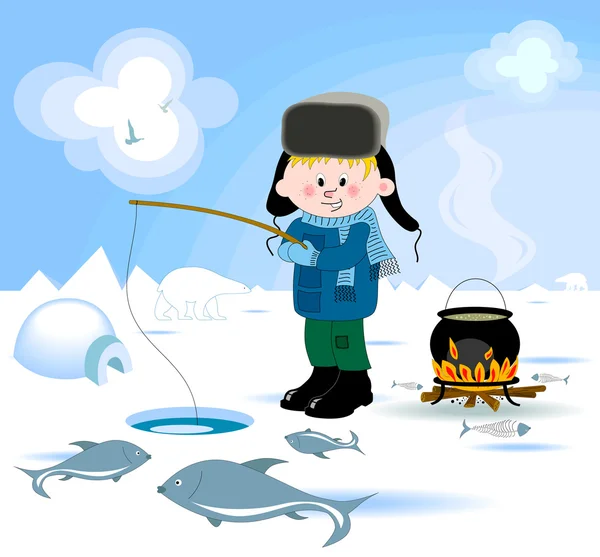 男孩做冬季捕鱼 — 图库矢量图片