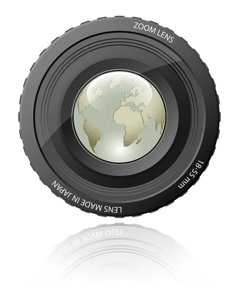 Camera zoomlens en earth globe - vectorillustratie — Stockvector