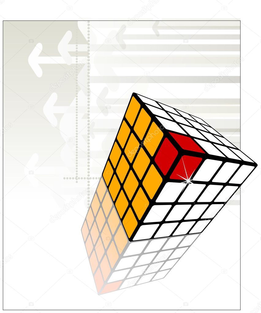 Decorative cube white, yellow and red with reflection