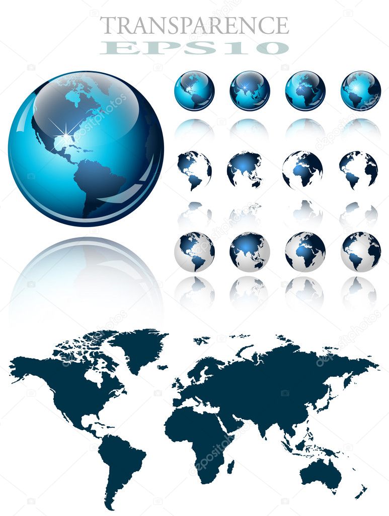 3d world map over the Earth Globe. 4 different views - vector illustration