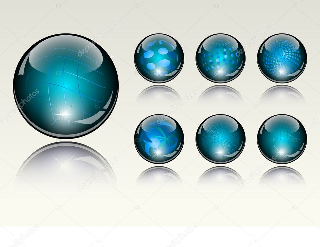 6 different crystal refracting spheres - vector illustration
