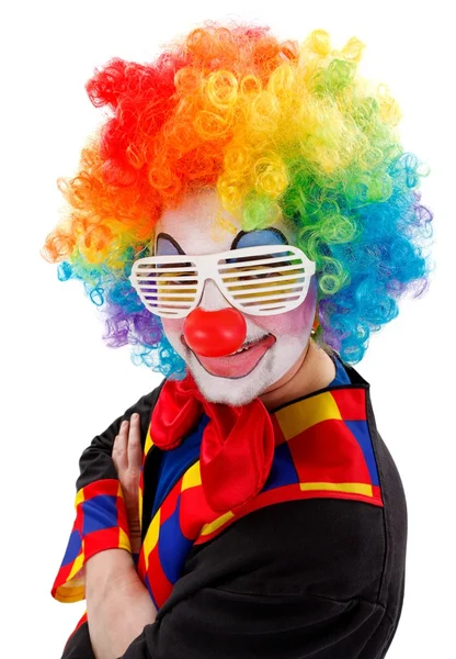 Clown with white funny shutter shades sunglasses — Stock Photo, Image